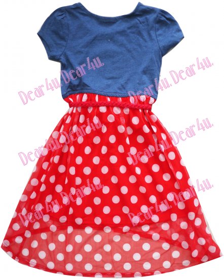 Girls Minnie mouse blue top spotty short in front dress - Click Image to Close