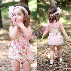 Baby Girls Floral Rompers Lace belt backless Cute Romper