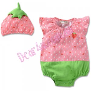 Unisex baby cotton Romper with hat - strawberry