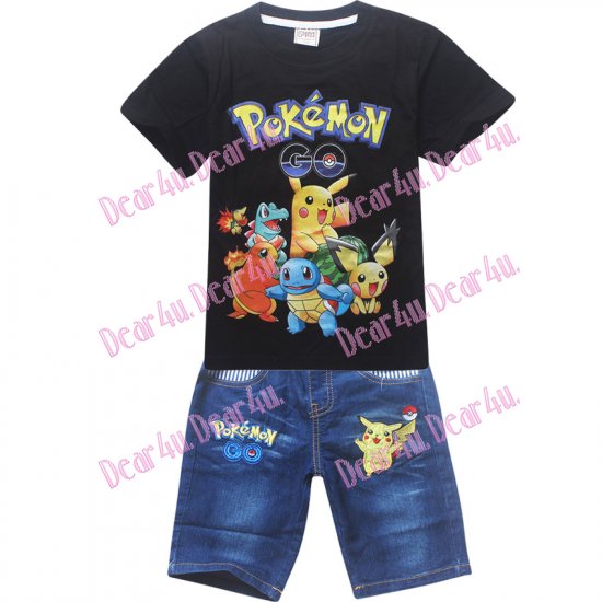 Boys Pokemon Go tee with denim pants - black - Click Image to Close