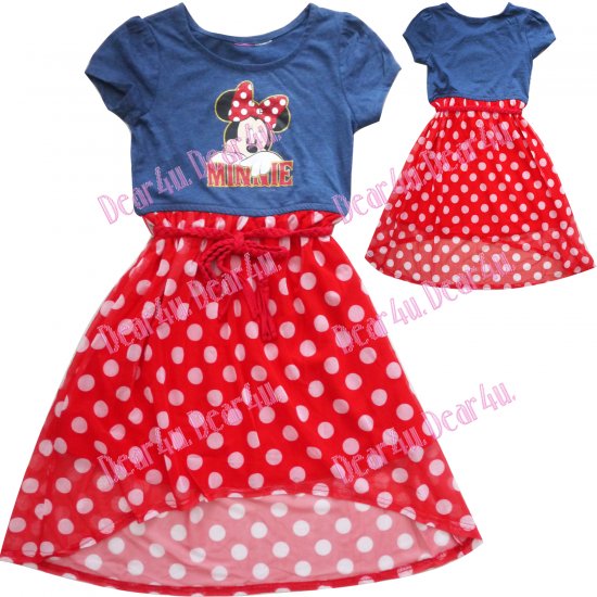 Girls Minnie mouse blue top spotty short in front dress - Click Image to Close