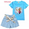 Girls FROZEN Anna and Elsa Tee and bow tie thin denim shorts