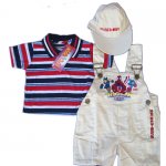 Boys Striped shirt sleeve T-shirt + overall + cap 3pcs sets