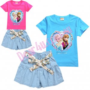 Girls FROZEN Anna and Elsa Tee and bow tie thin denim shorts