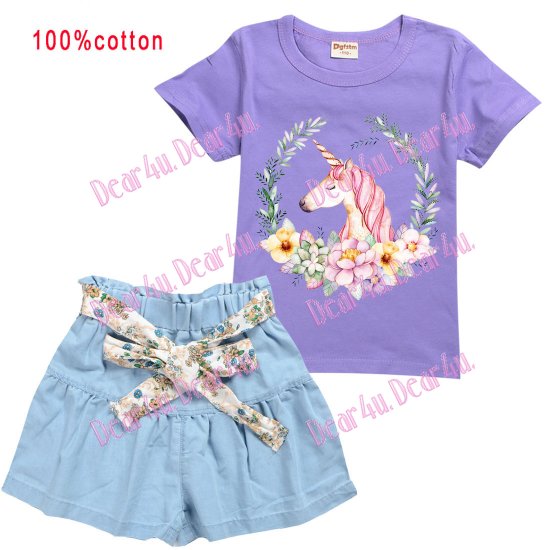 Girls UNICORN Tee and bow tie thin denim shorts - Click Image to Close