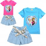 Girls FROZEN Anna and Elsa Tee and bow tie thin denim shorts