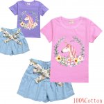 Girls UNICORN Tee and bow tie thin denim shorts